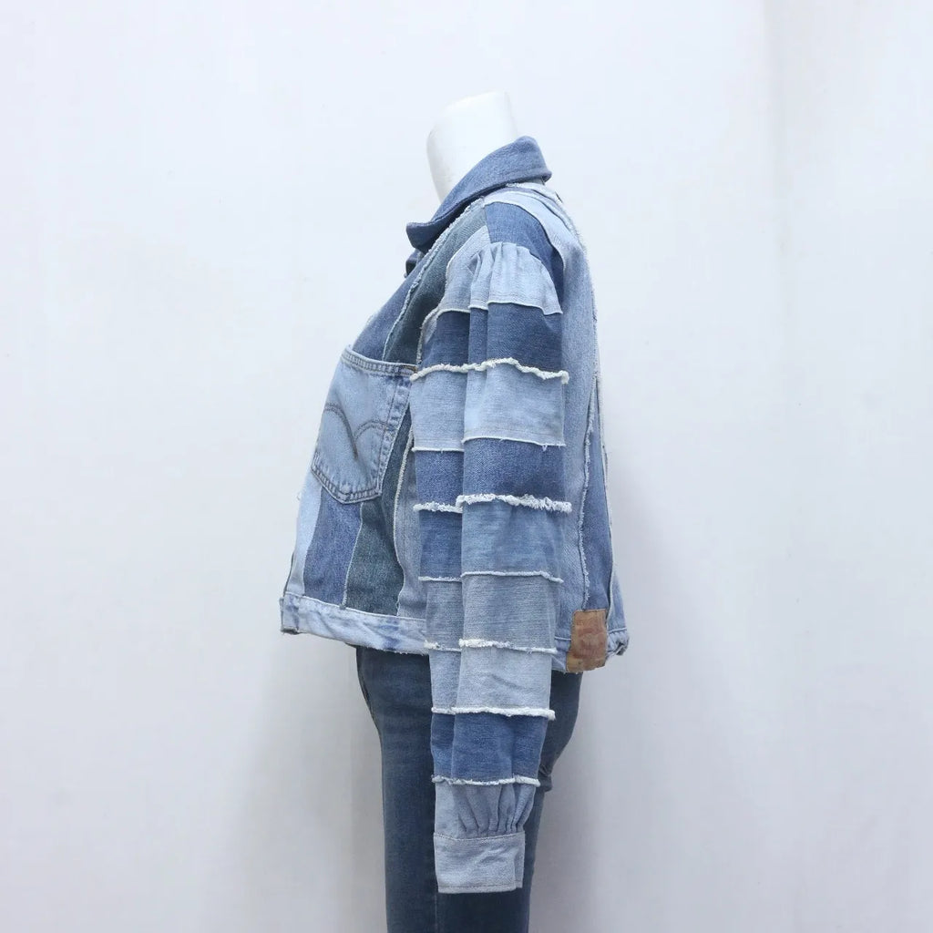 CR704 Upcycled Striped Denim Patchwork Cropped Jacket