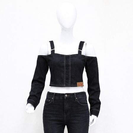 CR2088 Upcycled Denim Strap Crop Top