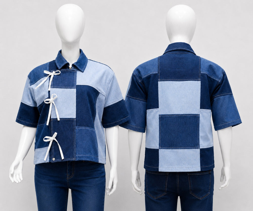 CR1832 UPCYCLED PATCHWORK BOW DENIM SHIRT