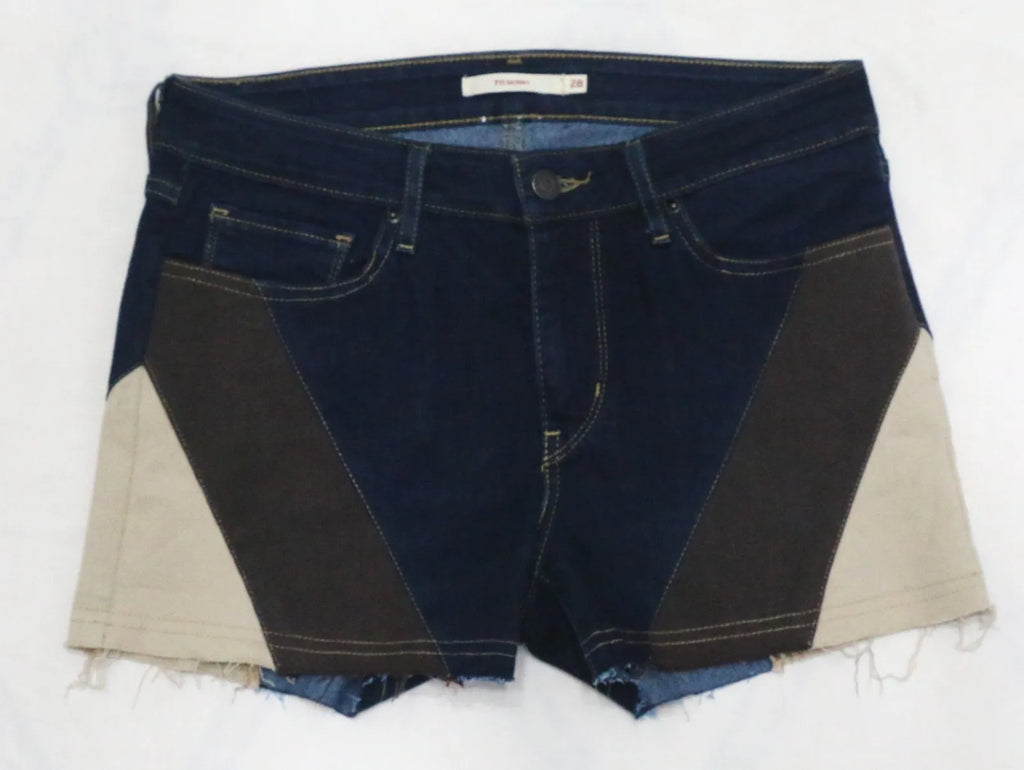 CR1679 UPCYCLED PANEL DENIM SHORTS