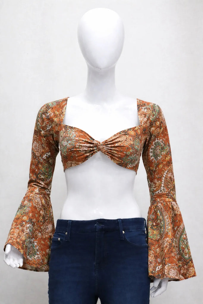 CR1307 Rework Tie Front Top – Bell Sleeve Crop (Print Mix)