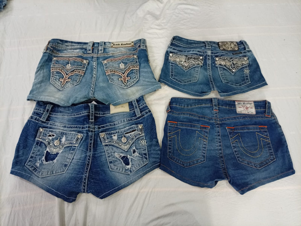 CR10889 Upcycled Mix-Branded Mini Denim Shorts