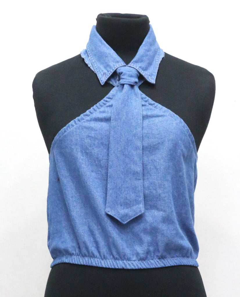 CR1841 UPCYCLED DENIM HALTER TIE TOP