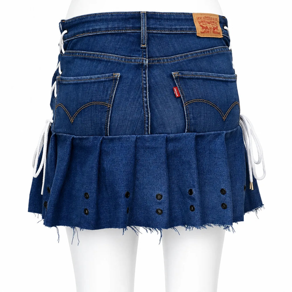 CR1630 UPCYCLED LACE-UP DENIM PLEATED MINI SKIRT