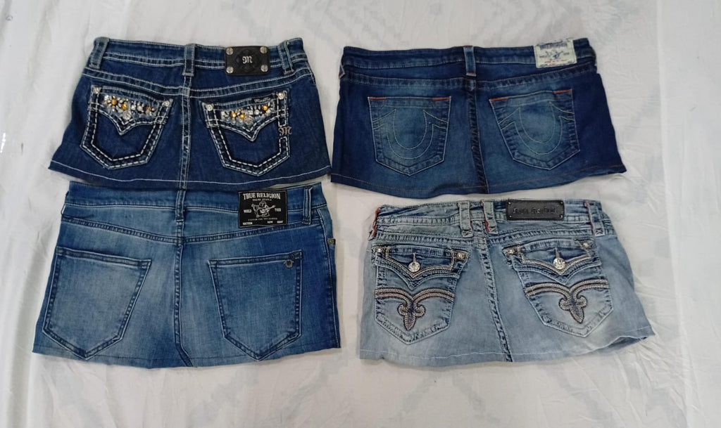 CR9823 Upcycled Mix Branded Mini Denim Skirts