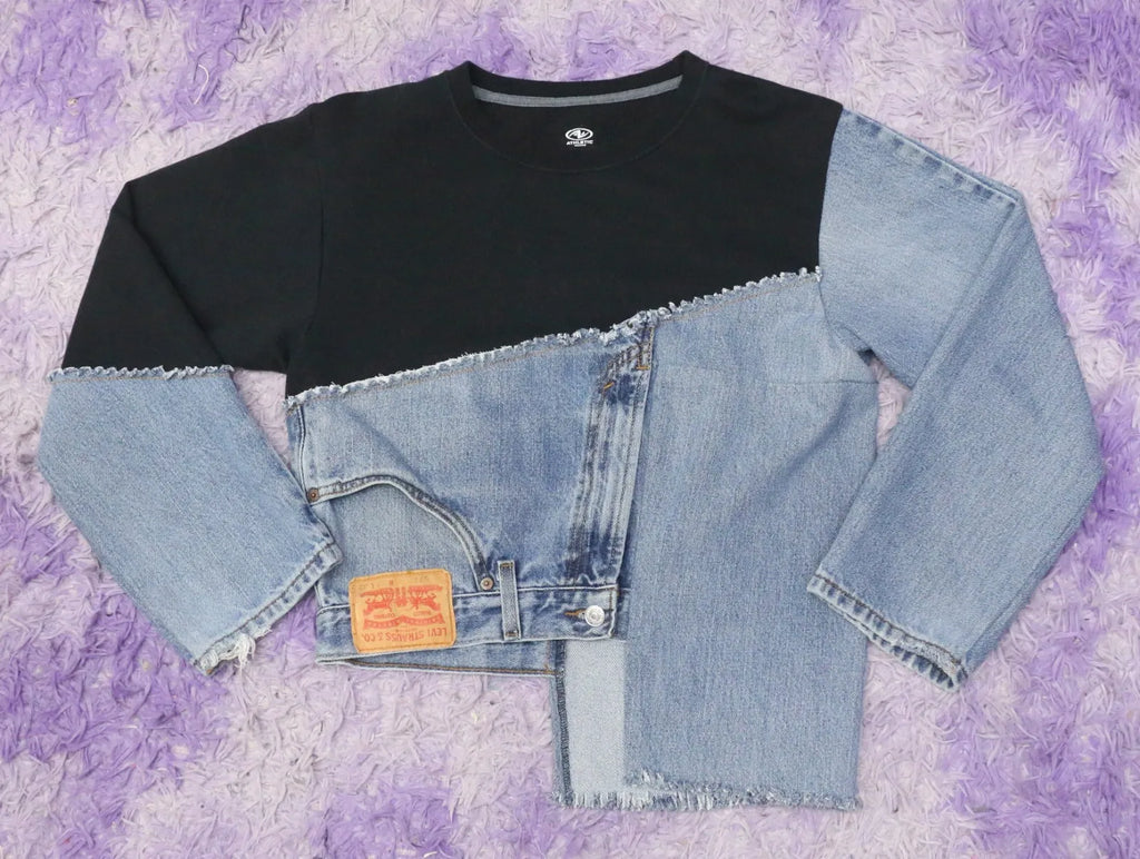 CR1488 Upcycled denim patchwork sweatshirt