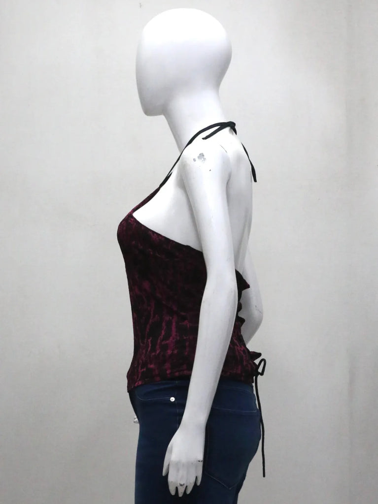 CR13 Upcycled Burgundy Abstract Halter Top – Lace Back Detail