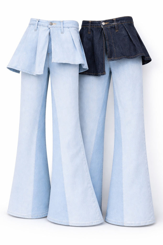 CR1696 UPCYCLED LAYERED FLARE DENIM JEANS