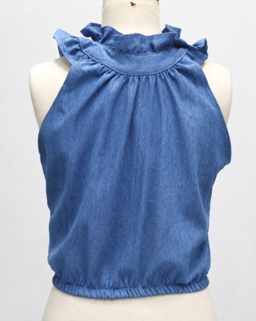 CR2035 UPCYCLED RUFFLE NECK SLEEVELESS BLOUSE
