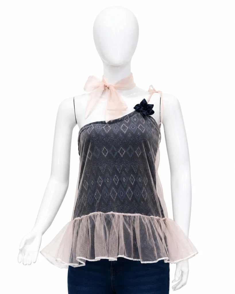 CR1596 Upcycled Mesh Ruffle Cami Top