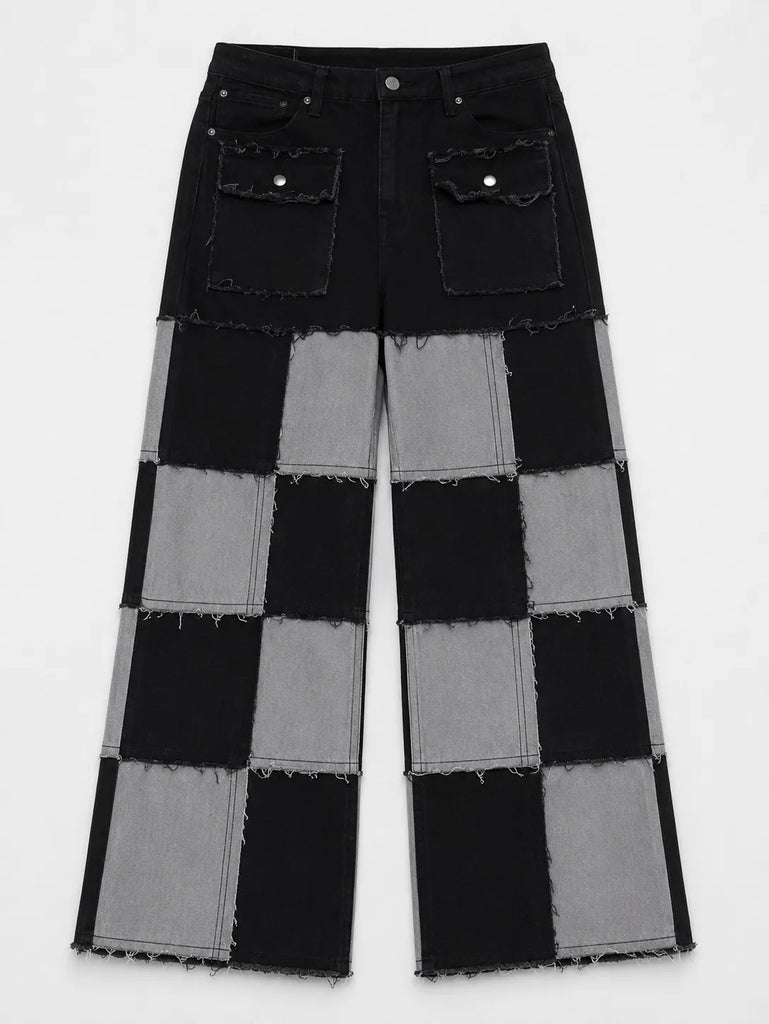 CR1585 Upcycled Checker Patchwork Jeans