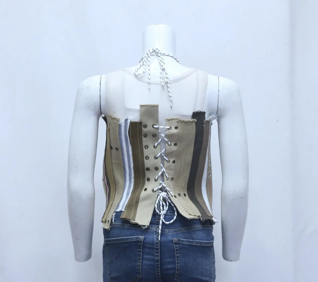 CR608 Upcycled Urban Belted Patch Crop Top