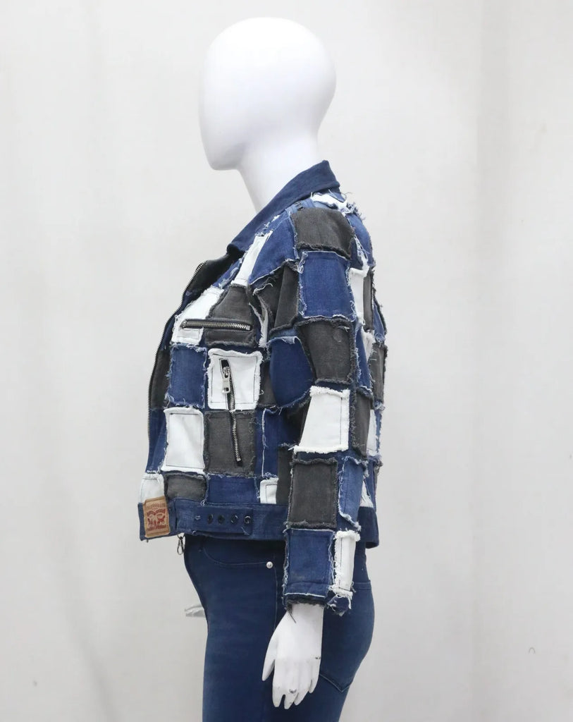 CR1458 - Rework Patchwork Denim Jacket – Distressed Panel Cropped Style
