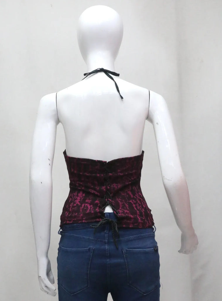 CR13 Upcycled Burgundy Abstract Halter Top – Lace Back Detail