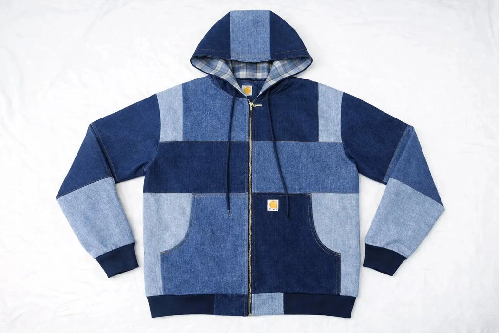 CR1152 Rework Carhartt Denim Patchwork Hoodie – Multi Tone Zip-Up
