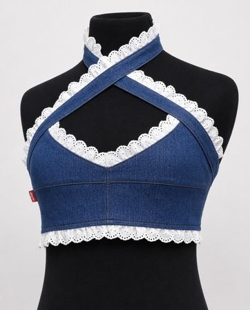 CR2099 Upcycled Denim Lace Halter Top