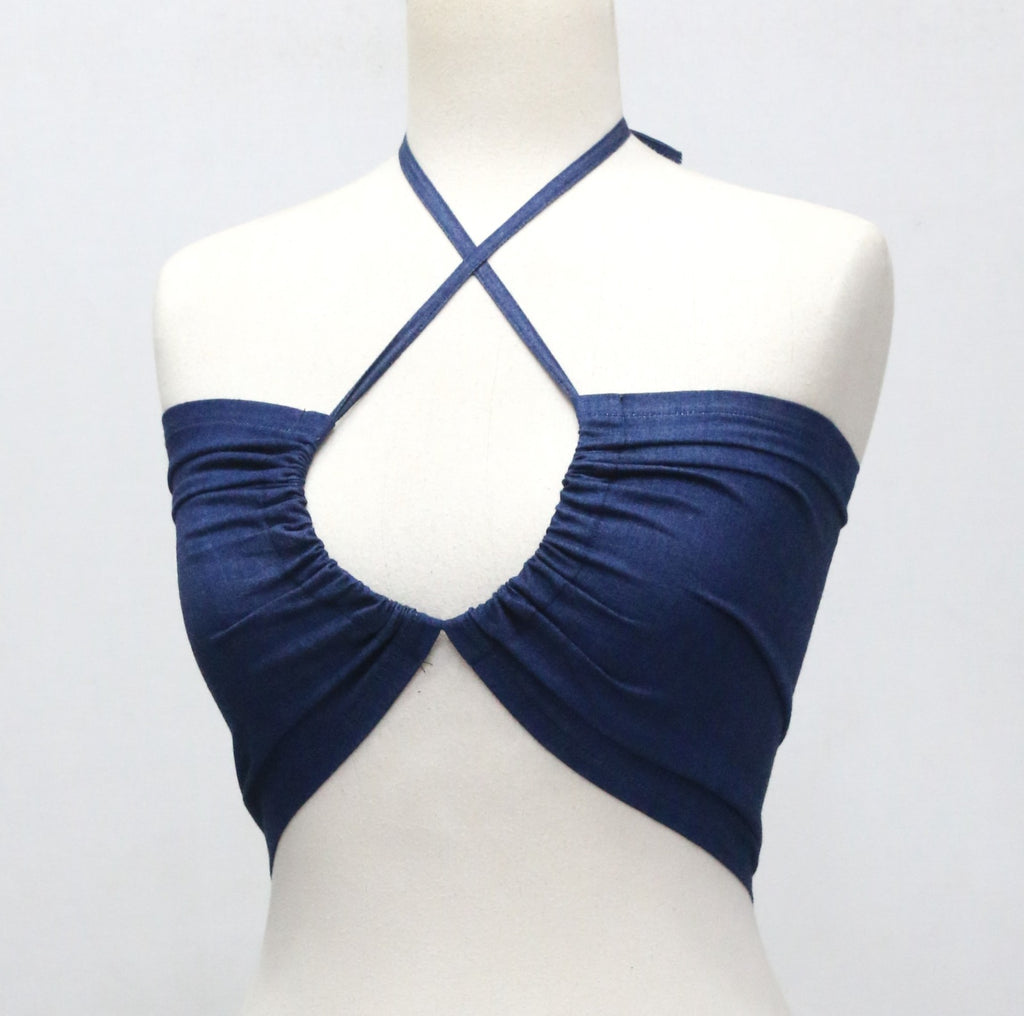 CR1956 UPCYCLED HALTER CUT-OUT CROP TOP