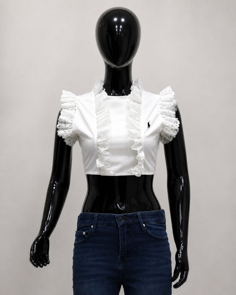 CR2161 UPCYCLED RUFFLE OPEN-BACK TIE CROP TOP