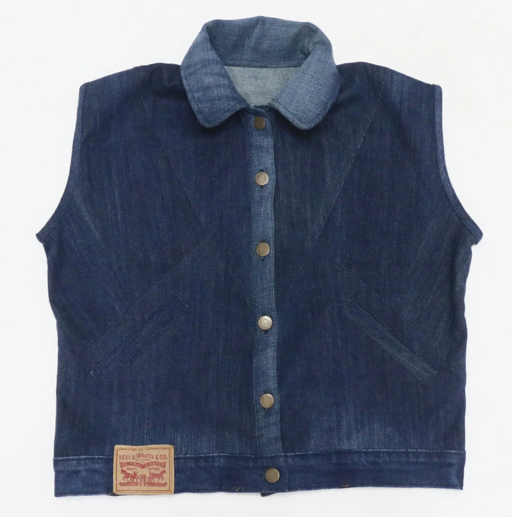 CR1349 Upcycled Denim Snap Button Vest – Dark Wash Rework Piece