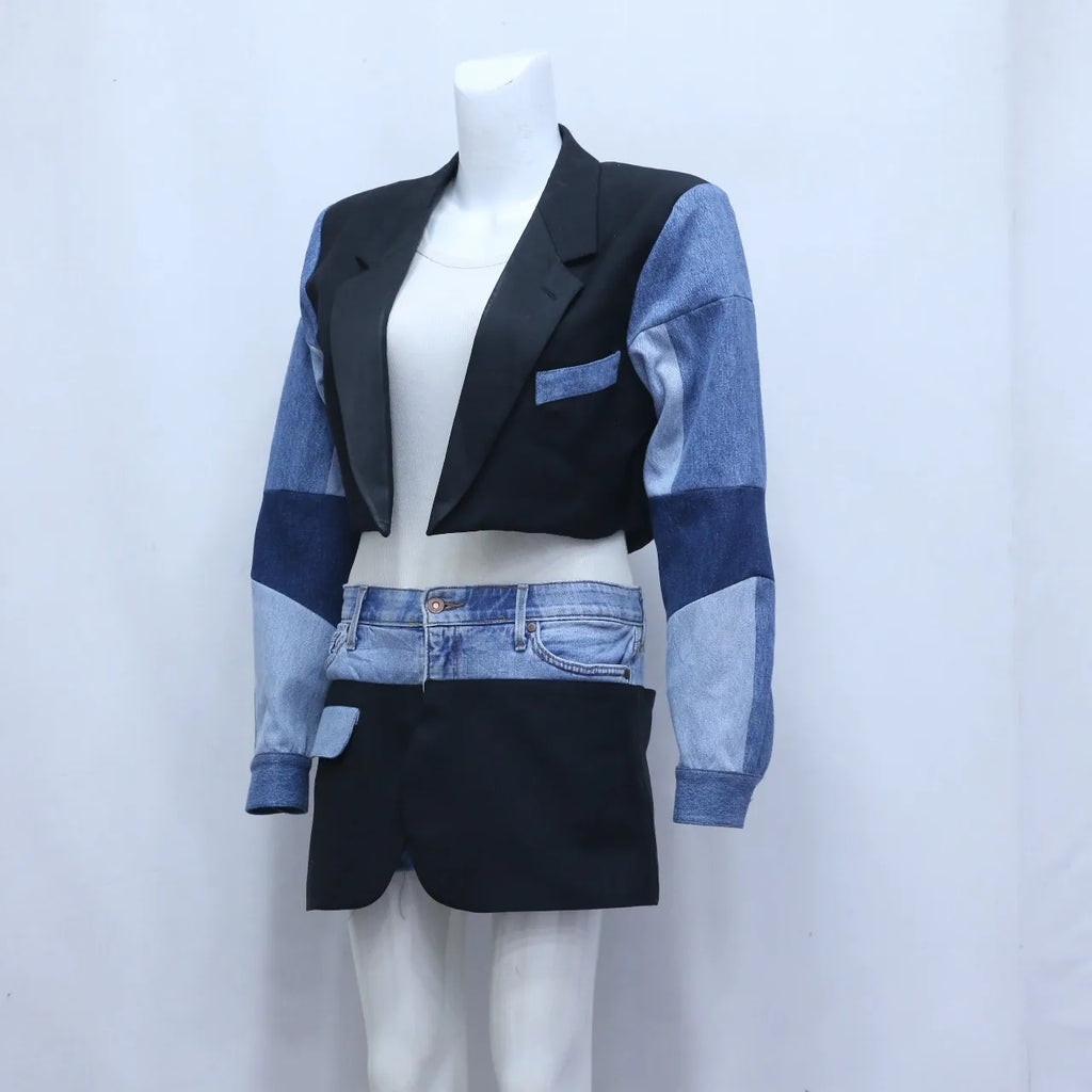 CR600 Upcycled Denim Fusion Set – Cropped Blazer & Mini Skirt