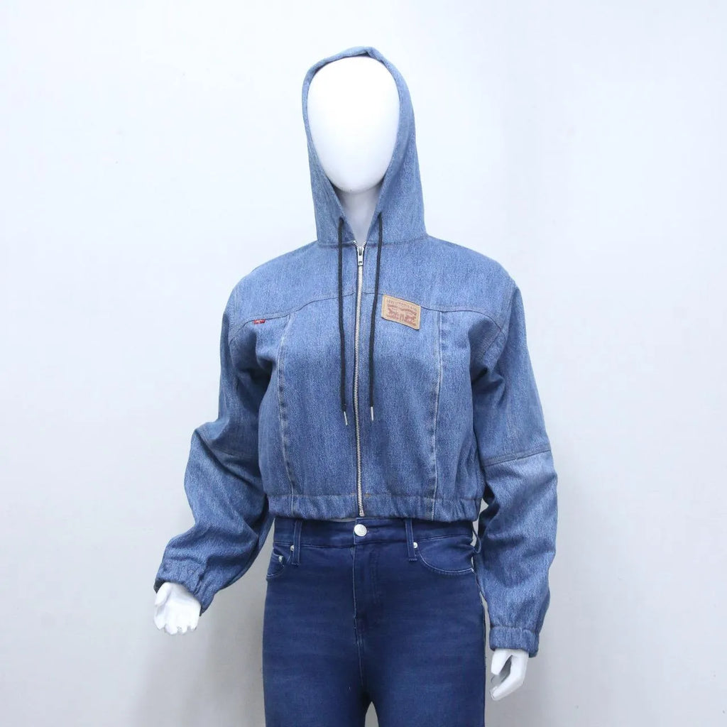 CR1269 Upcycled Denim Cropped Hoodie Jacket – Zip Front