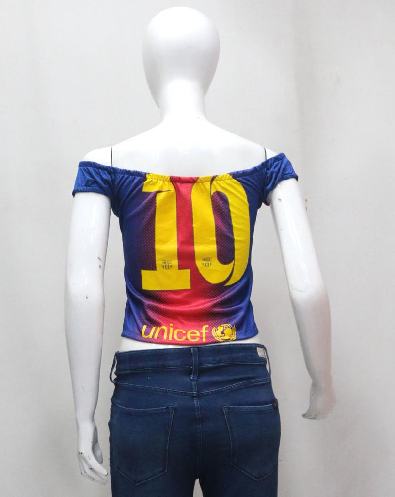 CR1895 UPCYCLED OFF-SHOULDER FOOTBALL JERSEY TOP