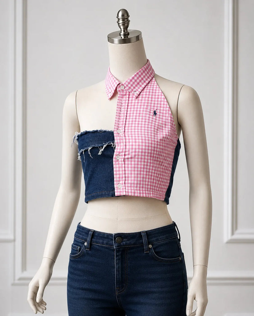 CR1600 Upcycled Denim Gingham Halter Top