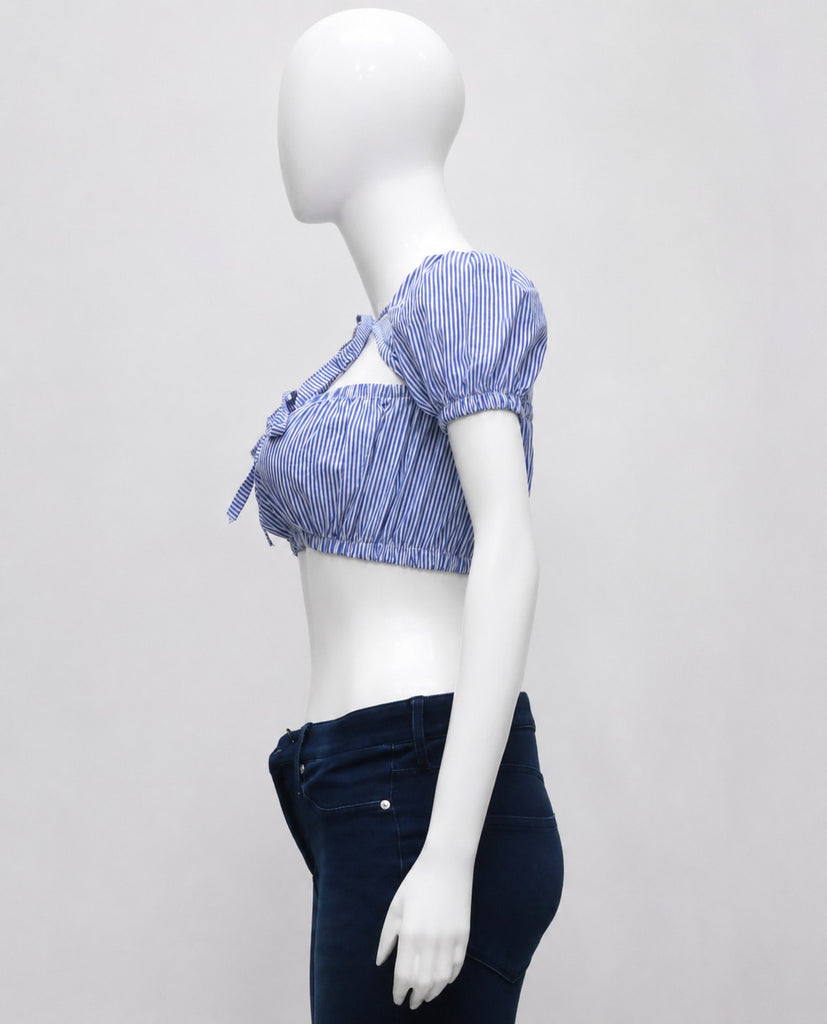 CR1908 UPCYCLED PUFF-SLEEVE TIE-FRONT CROP TOP