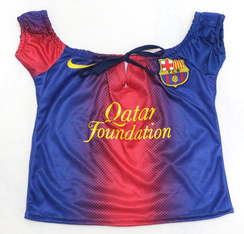 CR1895 UPCYCLED OFF-SHOULDER FOOTBALL JERSEY TOP