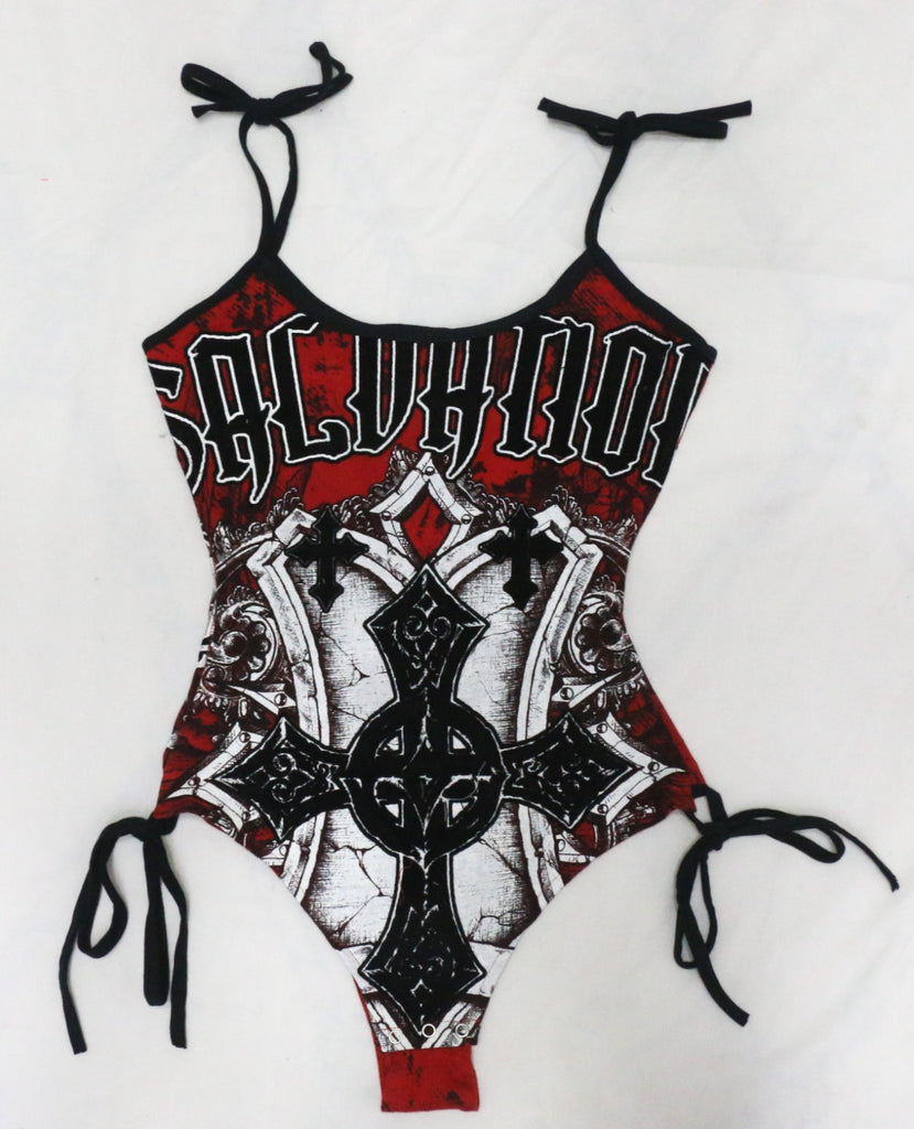 CR1910 UPCYCLED SKULL TIE-SIDE BODYSUIT