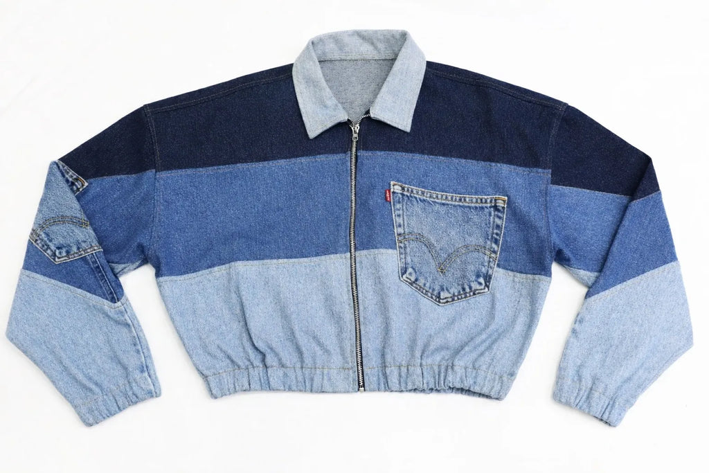 CR1210 Upcycled Color-Block Denim Zip Jacket