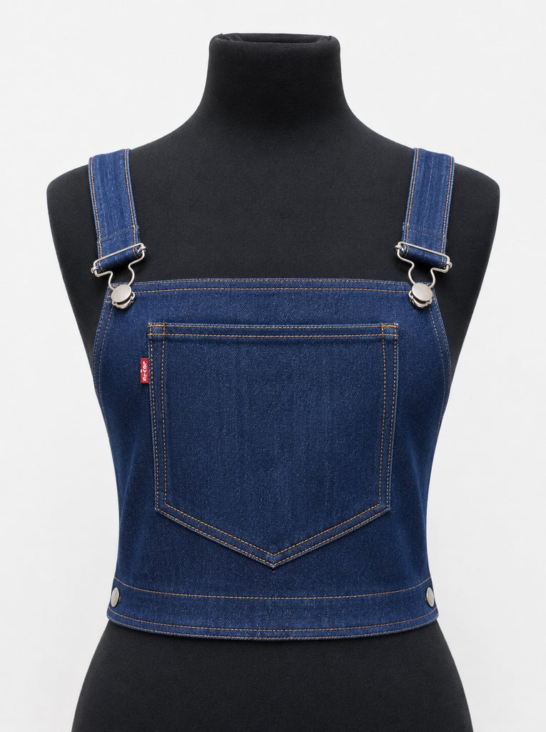CR1850 UPCYCLED DENIM SUSPENDER CROP TOP