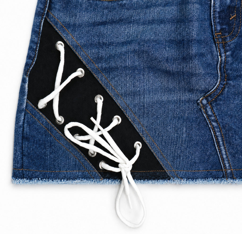 CR2067 UPCYCLED LACE-UP PANEL DENIM MINI SKIRT