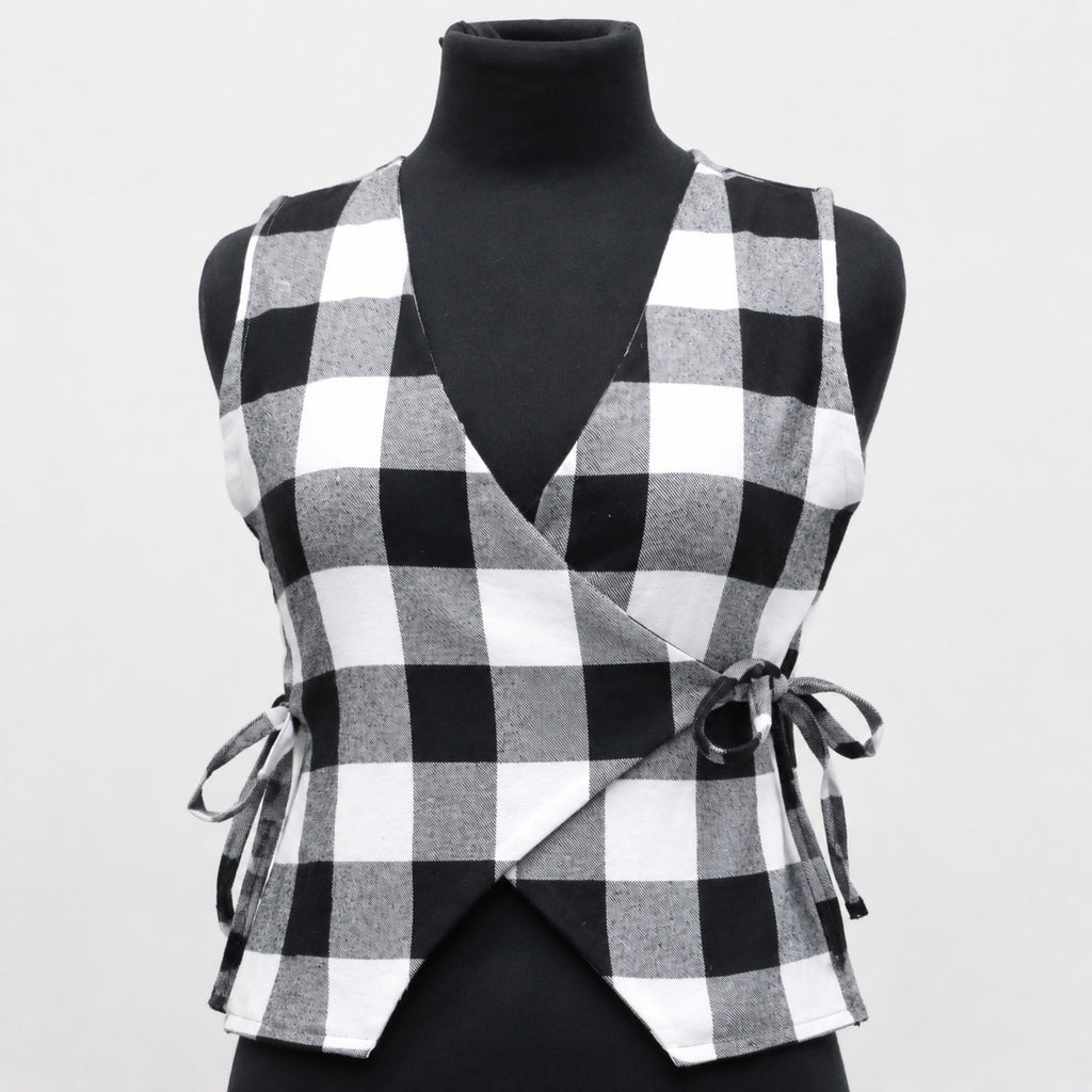 CR2055 UPCYCLED CHECK WRAP FLANNEL TIE-SIDE VEST
