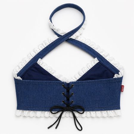 CR2099 Upcycled Denim Lace Halter Top
