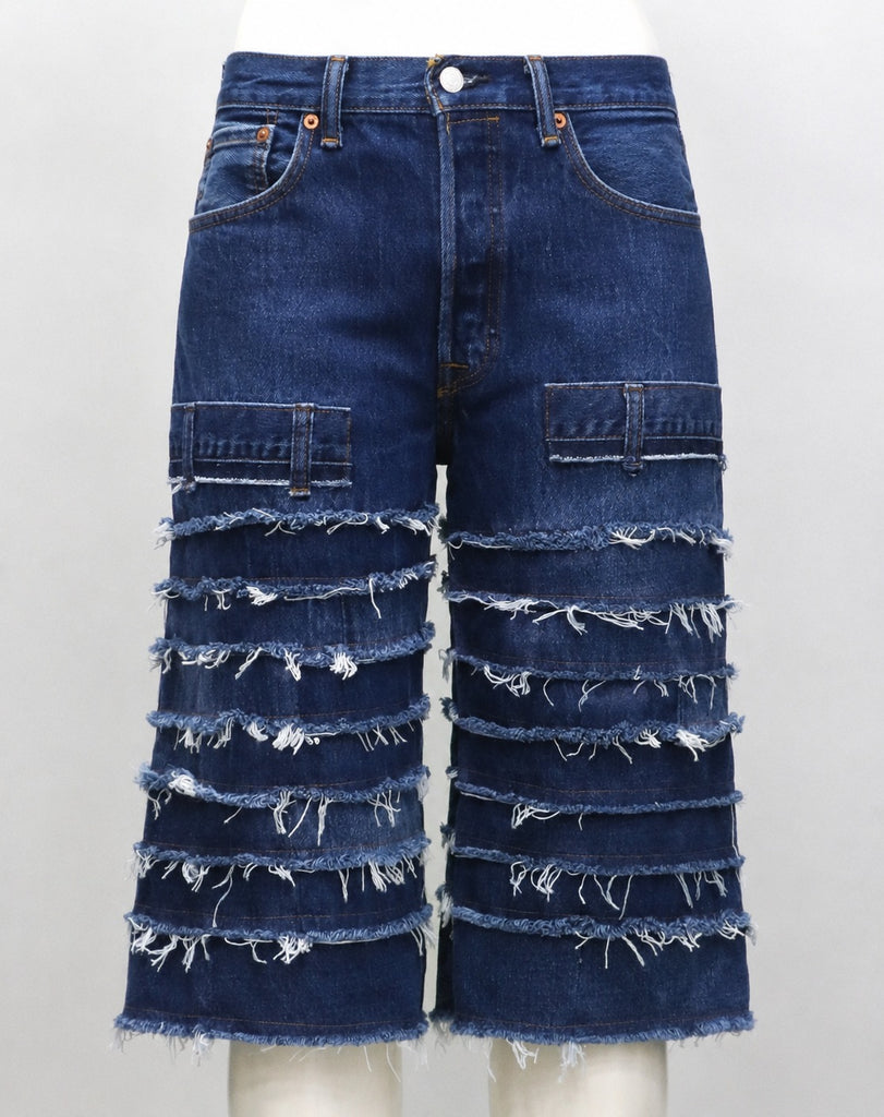 CR2028 UPCYCLED FRAYED PANEL DENIM JORTS