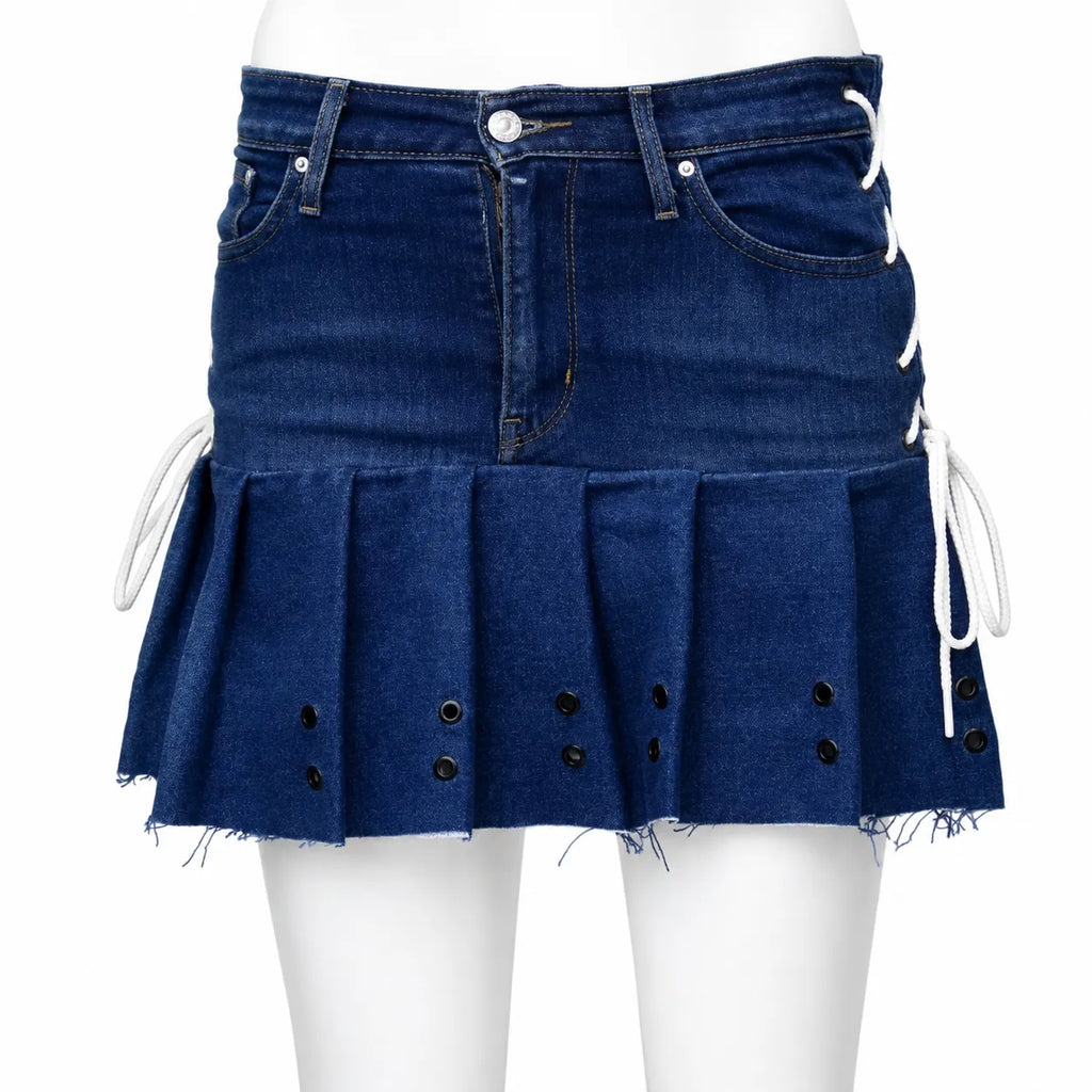 CR1630 UPCYCLED LACE-UP DENIM PLEATED MINI SKIRT