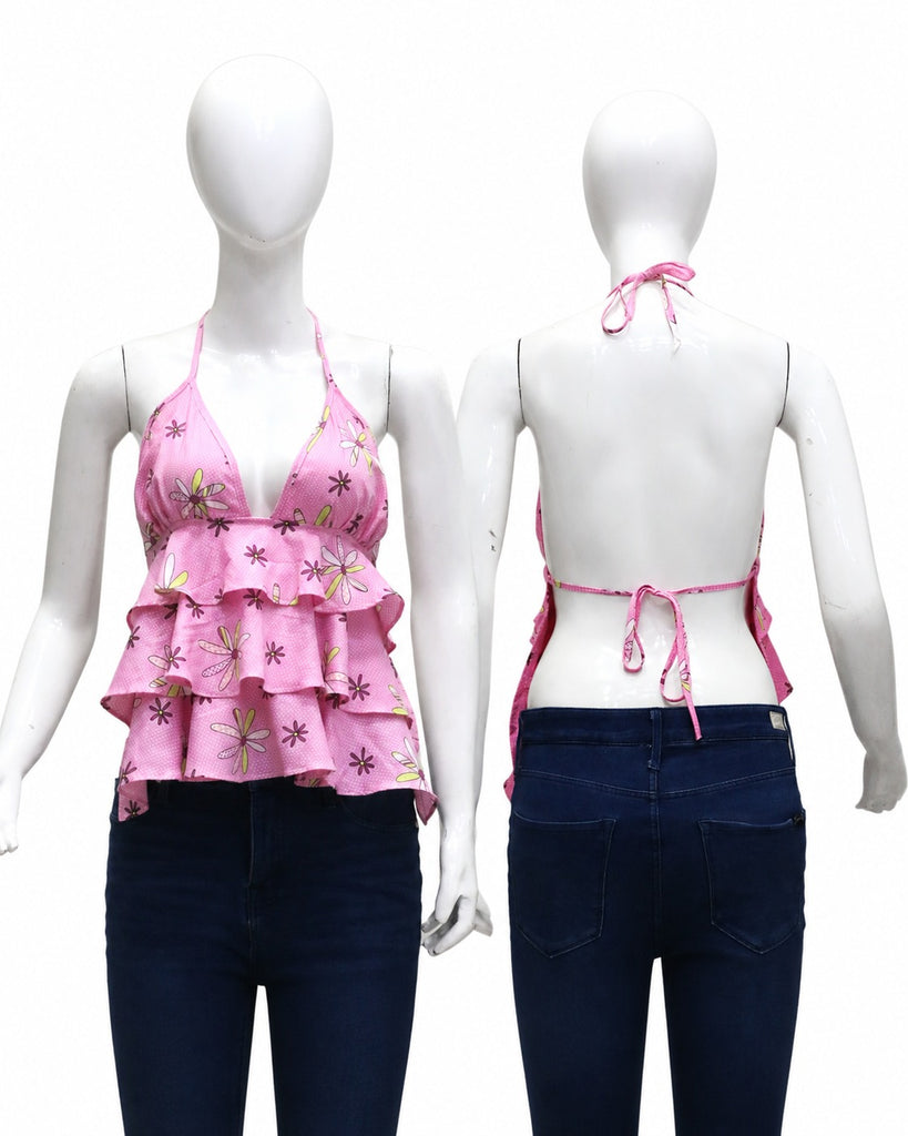 CR1948 UPCYCLED TIERED RUFFLE HALTER TOP