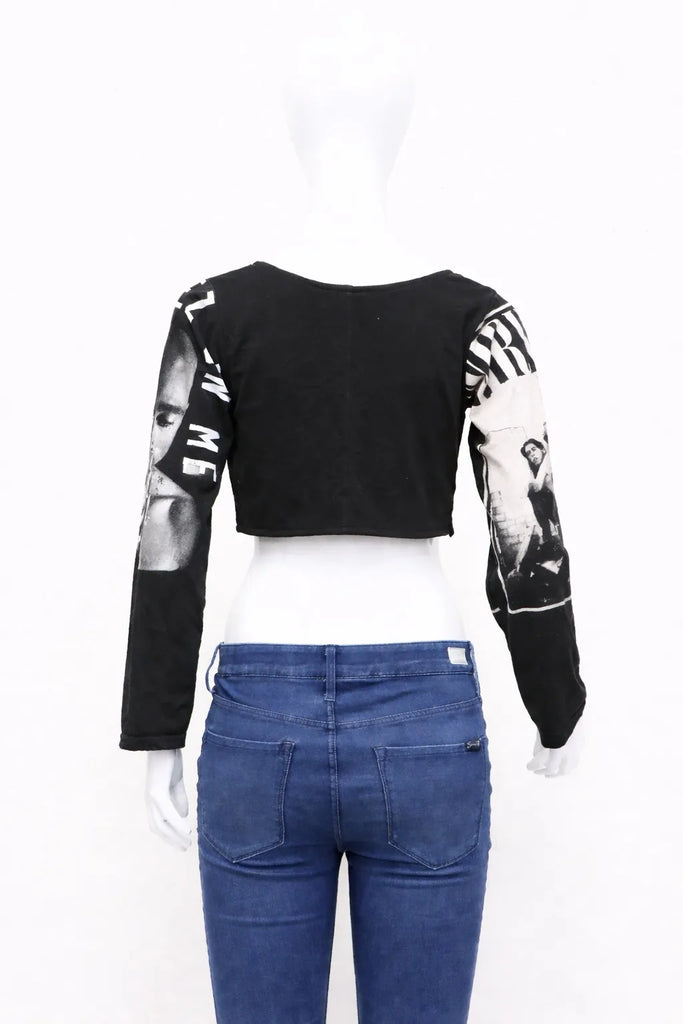 CR1133 Rework Graphic Shrug Top – Cut-Out Sleeve Crop