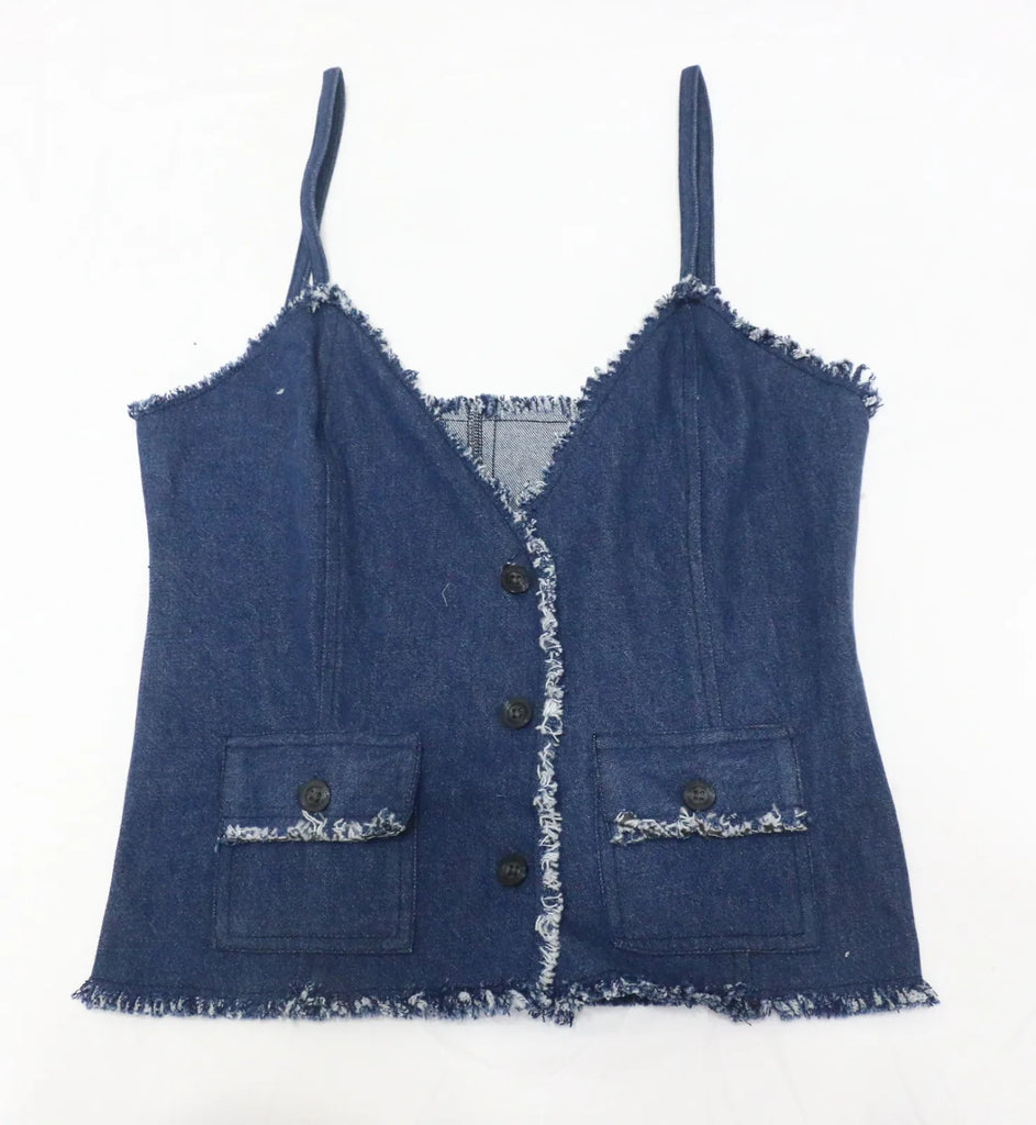 CR1118 Rework Denim Cami Top – Frayed Edge Button Crop