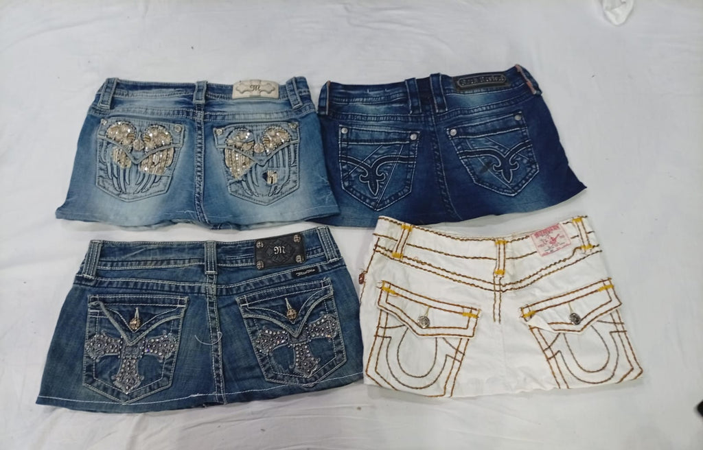 CR10077 Upcycled Mix Branded Mini Denim Skirts