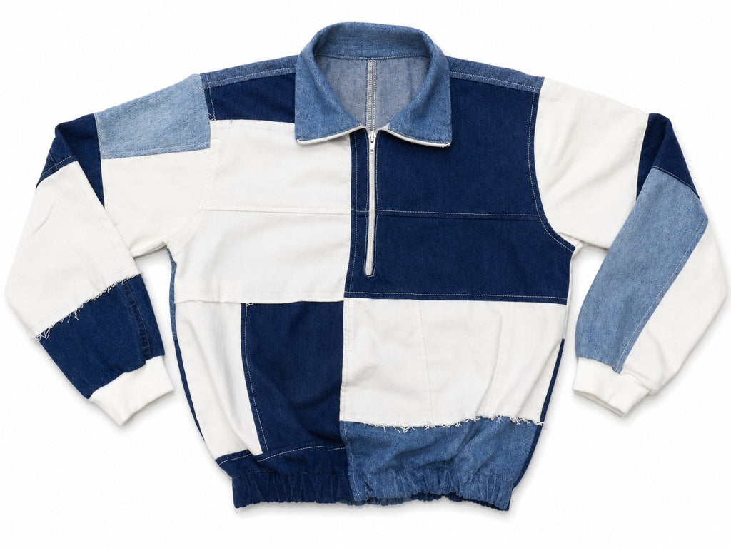 CR2154 UPCYCLED PATCHWORK DENIM HALF-ZIP JACKET