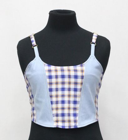 CR2086 Upcycled Denim & Plaid Corset Top