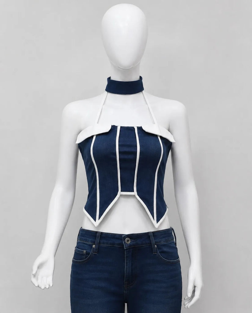 CR1584 Upcycled Denim Corset Halter Top