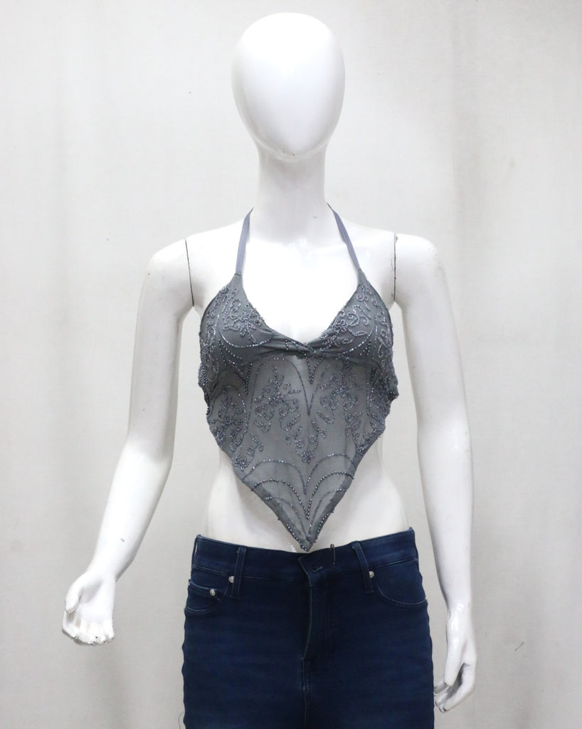 CR1947 UPCYCLED BEADED MESH HALTER HANDKERCHIEF TOP