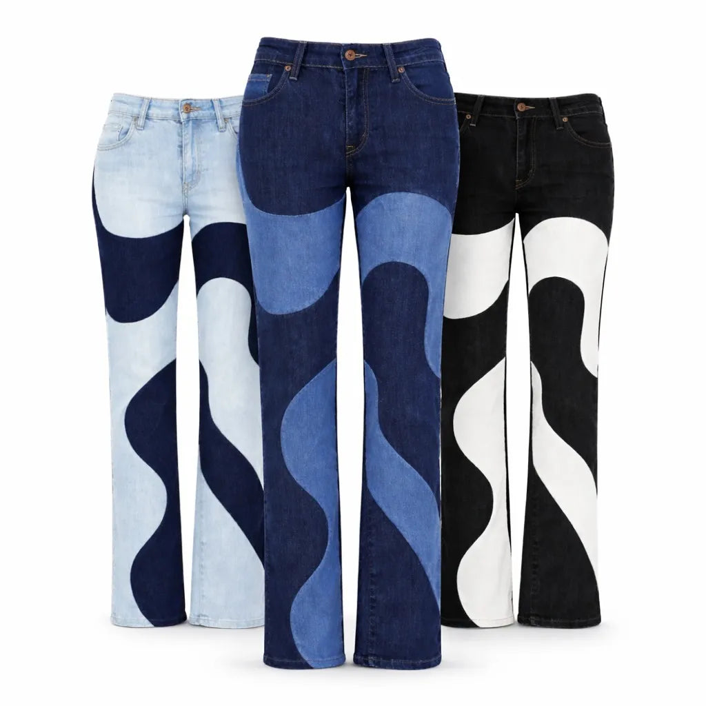 CR1235 Rework Wave Panel Flare Jeans – Multi Tone Denim Patchwork