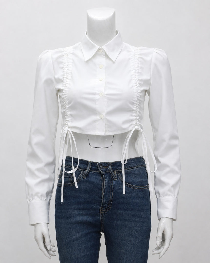 CR2056 UPCYCLED RUCHED SIDE-TIE CROPPED SHIRT
