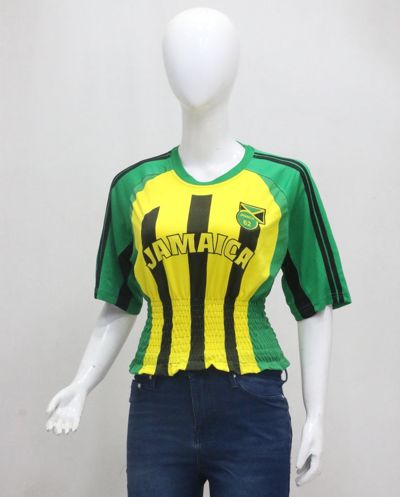 CR2153 UPCYCLED JAMAICA FOOTBALL SHIRRED JERSEY TOP