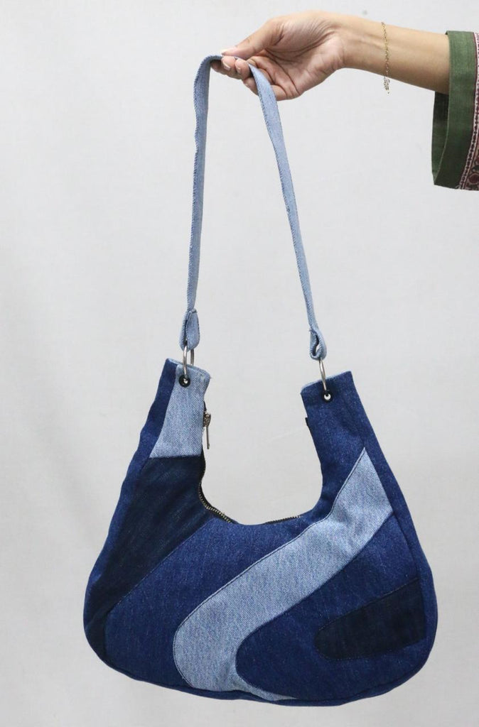 CR1842 UPCYCLED CURVED PANEL DENIM SHOULDER BAG