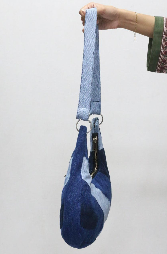 CR1842 UPCYCLED CURVED PANEL DENIM SHOULDER BAG